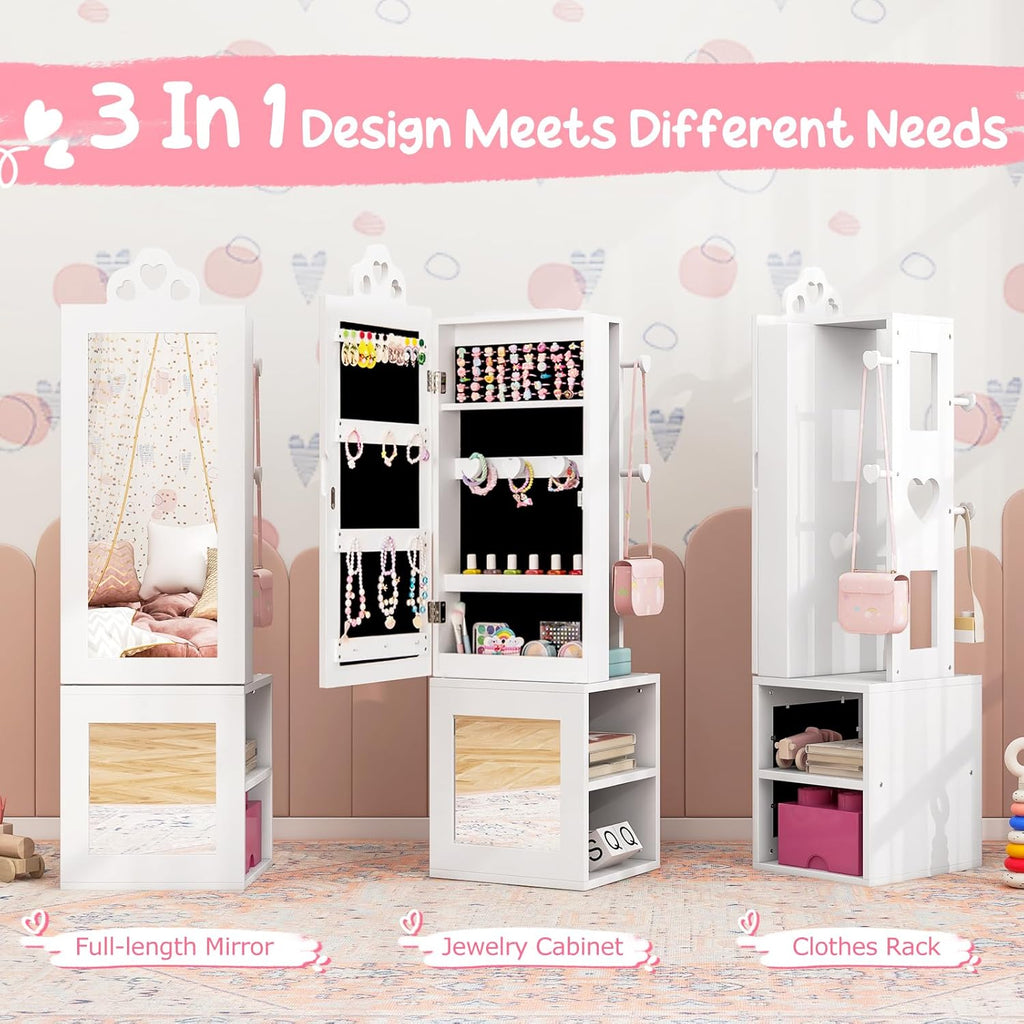 Costzon Kids Vanity & Jewelry Armoire Cabinet, Wooden Kids Vanity Table and Chair Set, Standing Jewelry Organizer with Full-Length Mirror, Large Storage, Kids Bedroom Furniture Set for Girls (White)