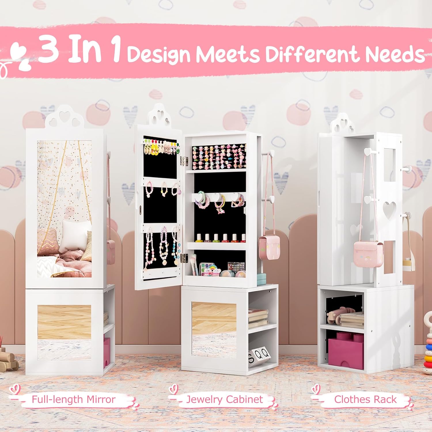 Costzon Kids Vanity & Jewelry Armoire Cabinet, Wooden Kids Vanity Table and Chair Set, Standing Jewelry Organizer with Full-Length Mirror, Large Storage, Kids Bedroom Furniture Set for Girls (White)