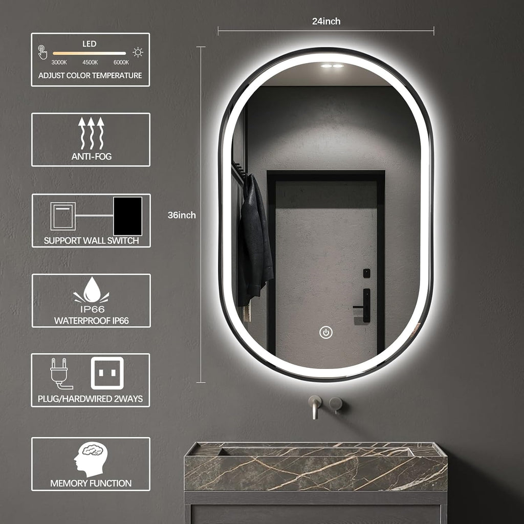 36'x24' Oval LED Bathroom Mirror with Lights, Black Lighted Vanity Mirror Wall Mounted, Anti Fog LED Oval Mirror with 3 Colors, Memory, ShatterProof, Front/Backlit, Horizontal/Vertical