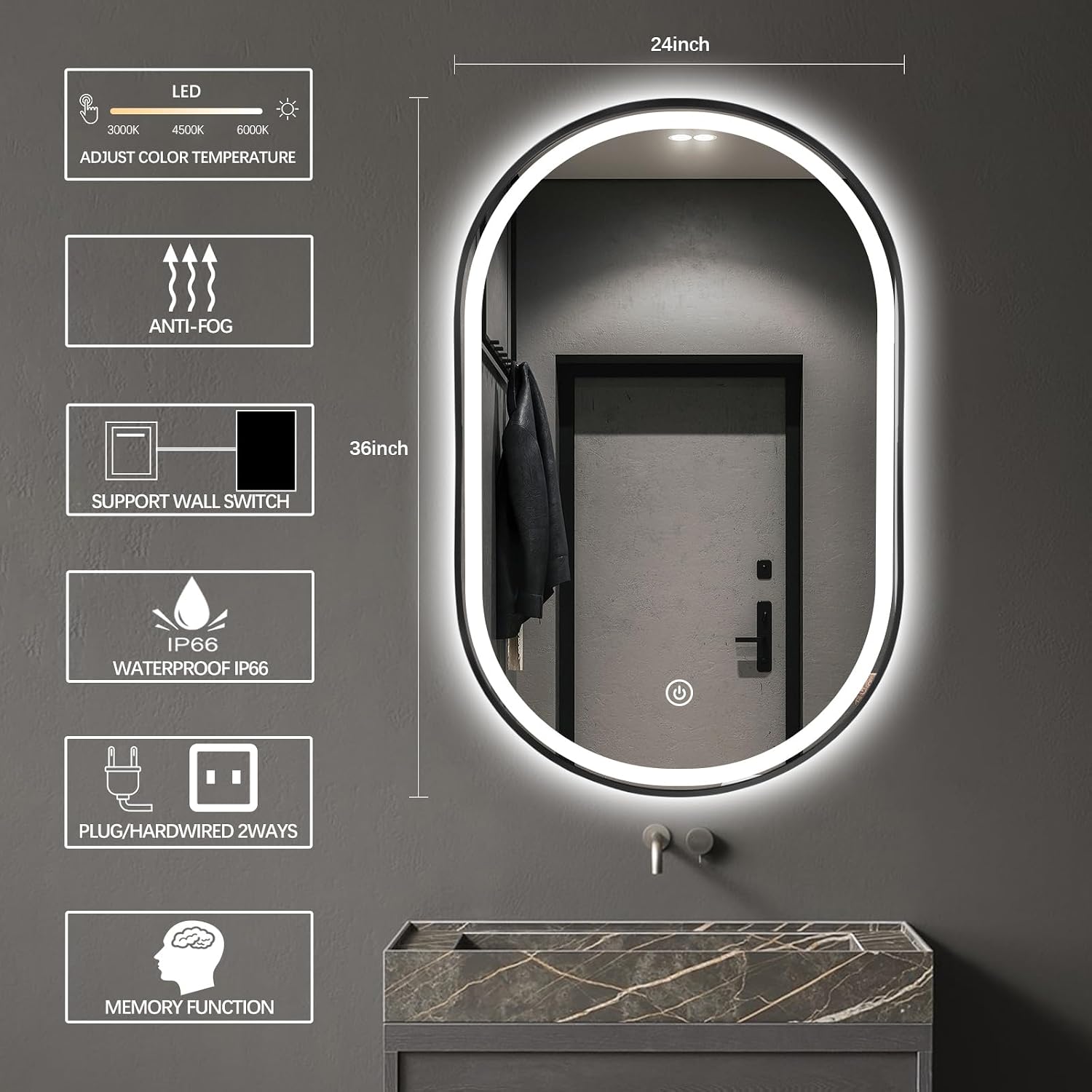 36'x24' Oval LED Bathroom Mirror with Lights, Black Lighted Vanity Mirror Wall Mounted, Anti Fog LED Oval Mirror with 3 Colors, Memory, ShatterProof, Front/Backlit, Horizontal/Vertical