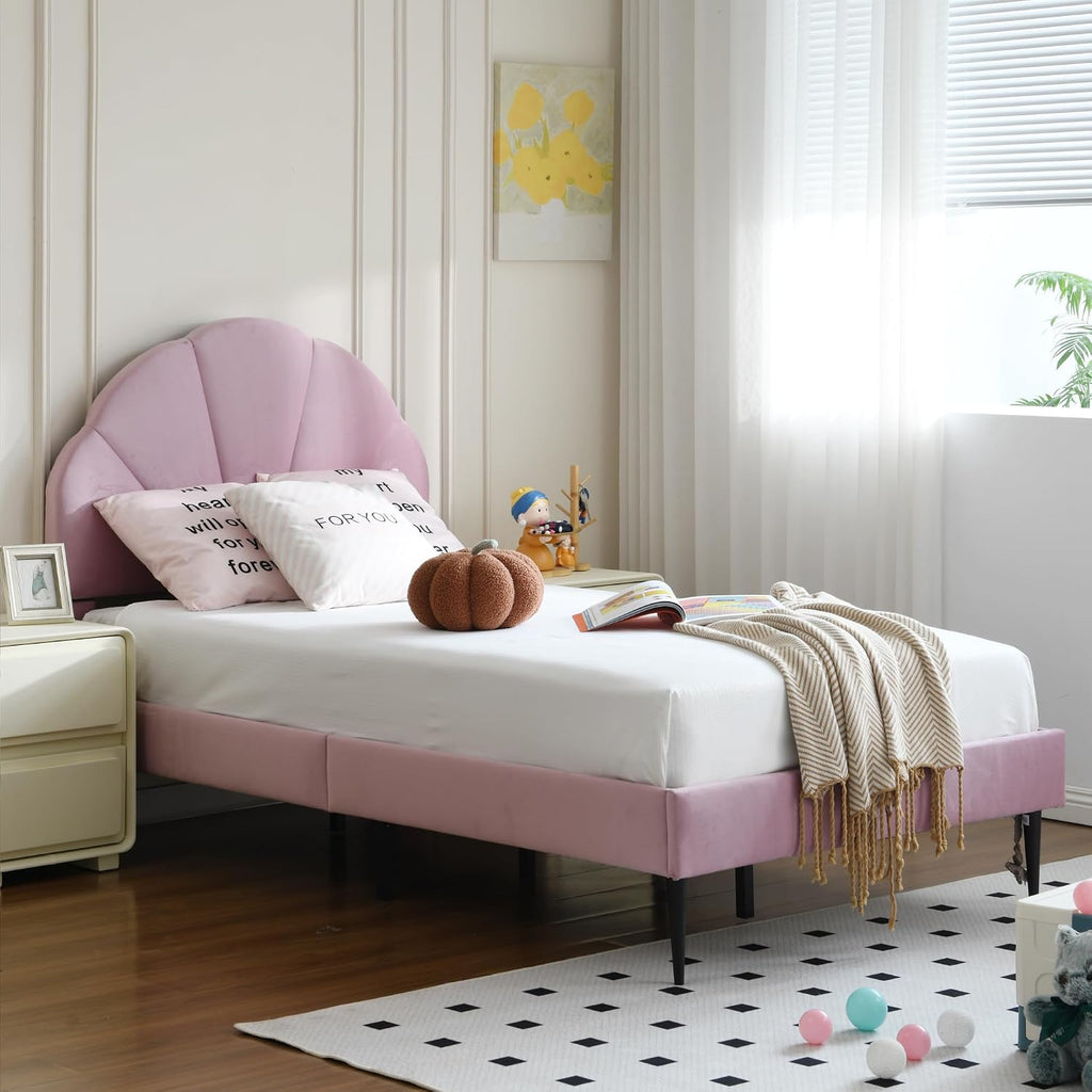 VELOCAVA Pink Twin Bed with Seashell Headboard, Velvet Upholstered Platform Bed Frame for Girls Kids with Wooden Slats Support, No Box Spring Needed, Easy Assembly, Princess Pink Bed