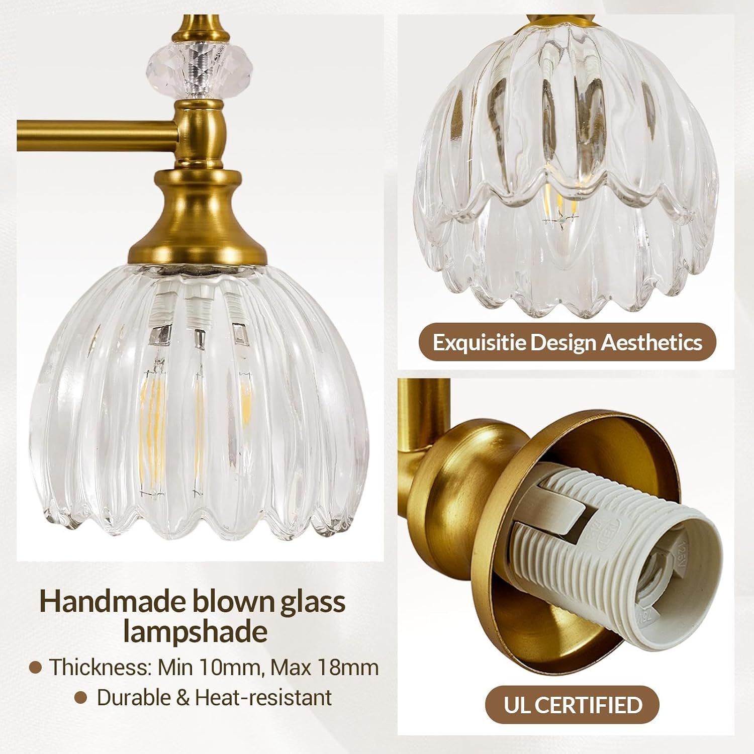 ANDY STAR Transitional 2-Light Bathroom Vanity Light, Brushed Gold Wall Sconce, Tulip Ribbed Glass with Crystal Accent, Reversible Mounting