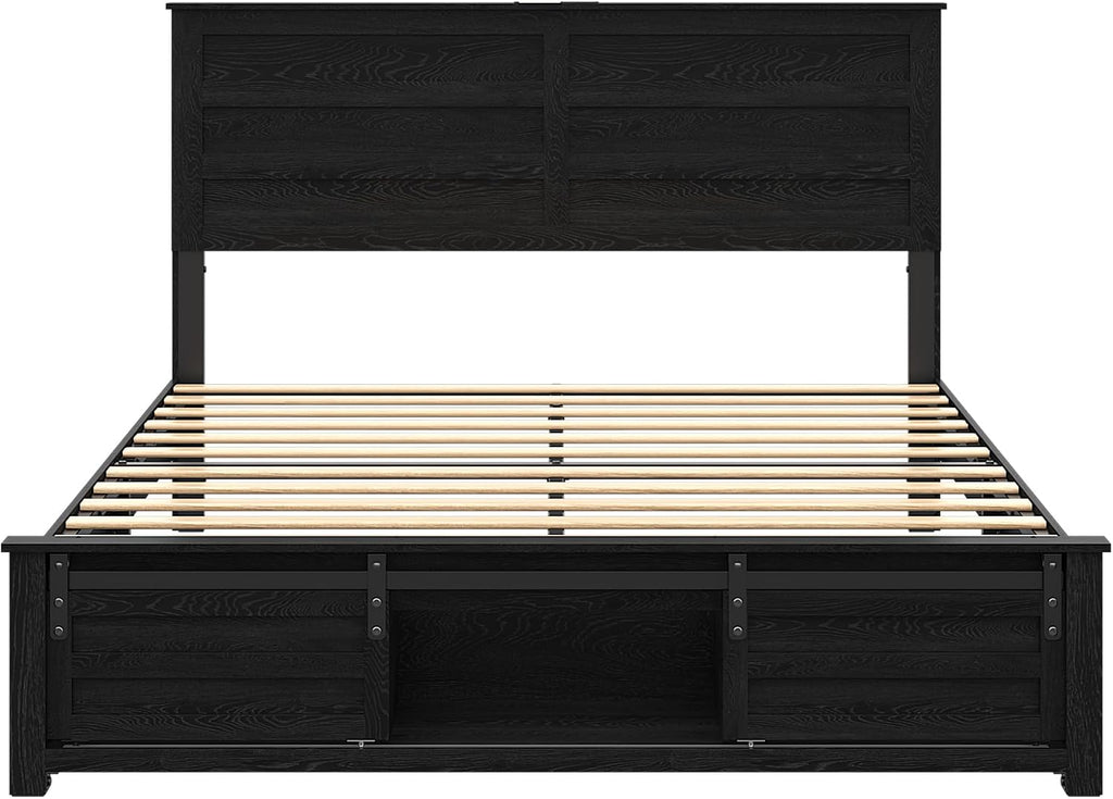 Wooden Bed Frame Queen Size with Headboard & Sliding Barn Door Storage Footboard, Farmhouse Platform Bedframe with Charging Station and LED Lights, No Box Spring Needed, Black