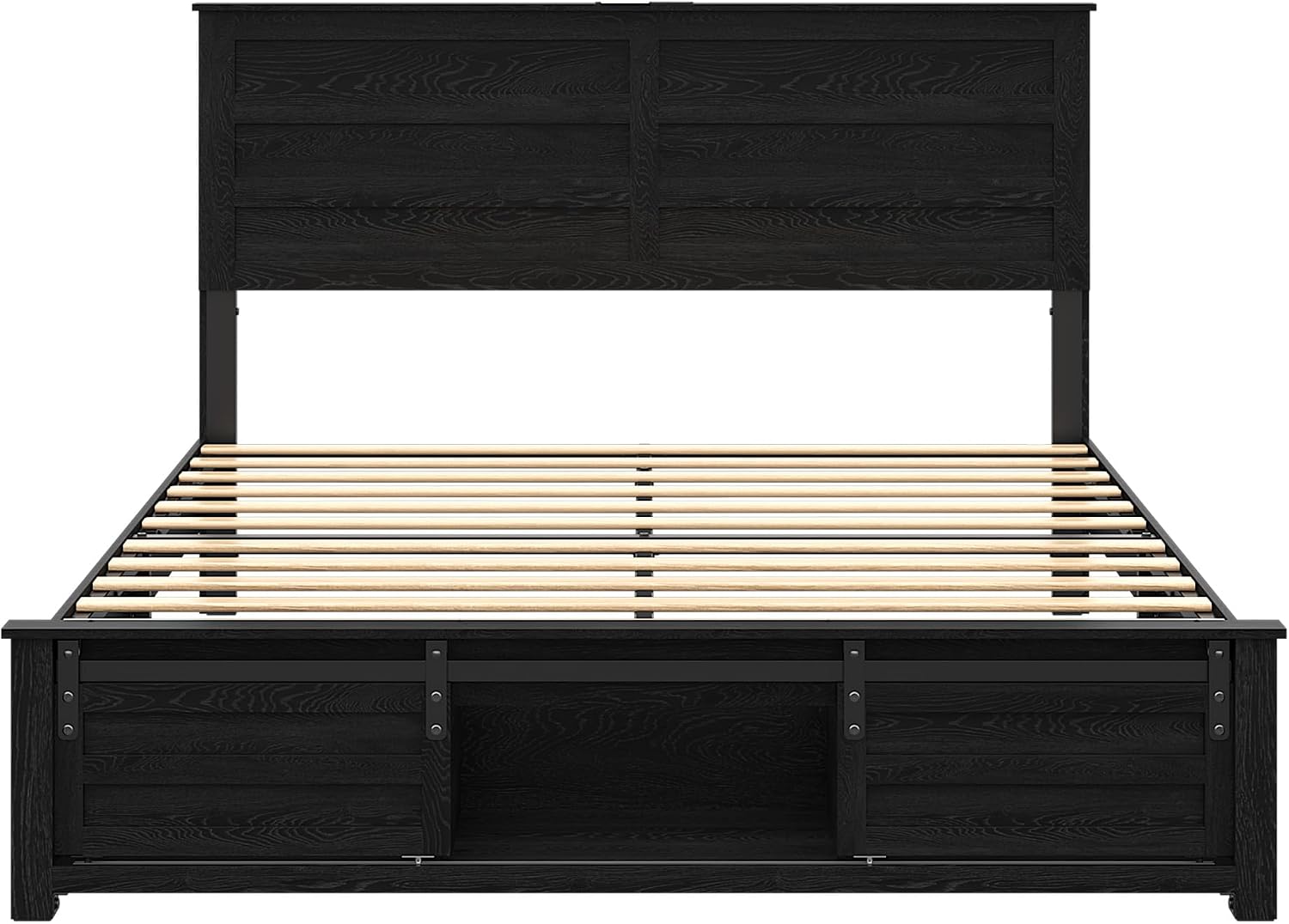 Wooden Bed Frame Queen Size with Headboard & Sliding Barn Door Storage Footboard, Farmhouse Platform Bedframe with Charging Station and LED Lights, No Box Spring Needed, Black