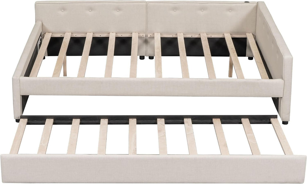 JYH Queen Bed Frame with Storage - Modern Upholstered Platform Bed with Wood Slats Support, Twin Size Trundle & Convenient USB Ports, Space Saving Design for Dormitory, Apartment, Guest Room, Beige