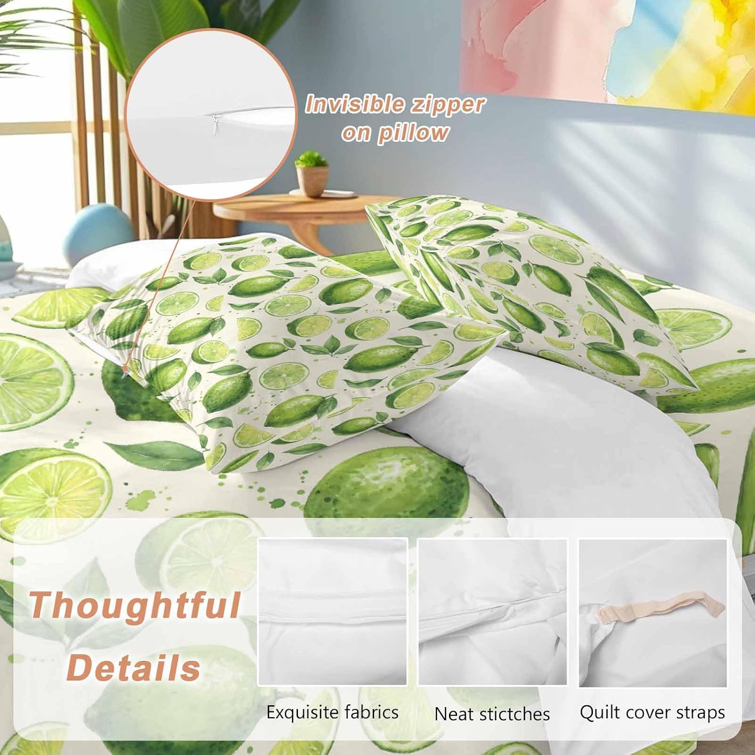 Summer Fruit Duvet Cover Set Queen Size 4 Pieces Watercolor Green Lemon Lime Slice Leaf Rustic Bedding Set with Zipper Closure, 1 Comforter Cover 92x106 Inches 1 Flat Sheet & 2 Pillow Cases
