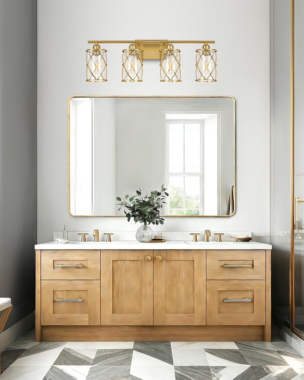 4-Light Brushed Gold Bathroom Light Fixtures, 29 Inch Modern Bathroom Vanity Lighting Fixtures Over Mirror with Clear Glass and Metal Cage Wall Sconce Lights for Bath, E26, CH9176BG-4W