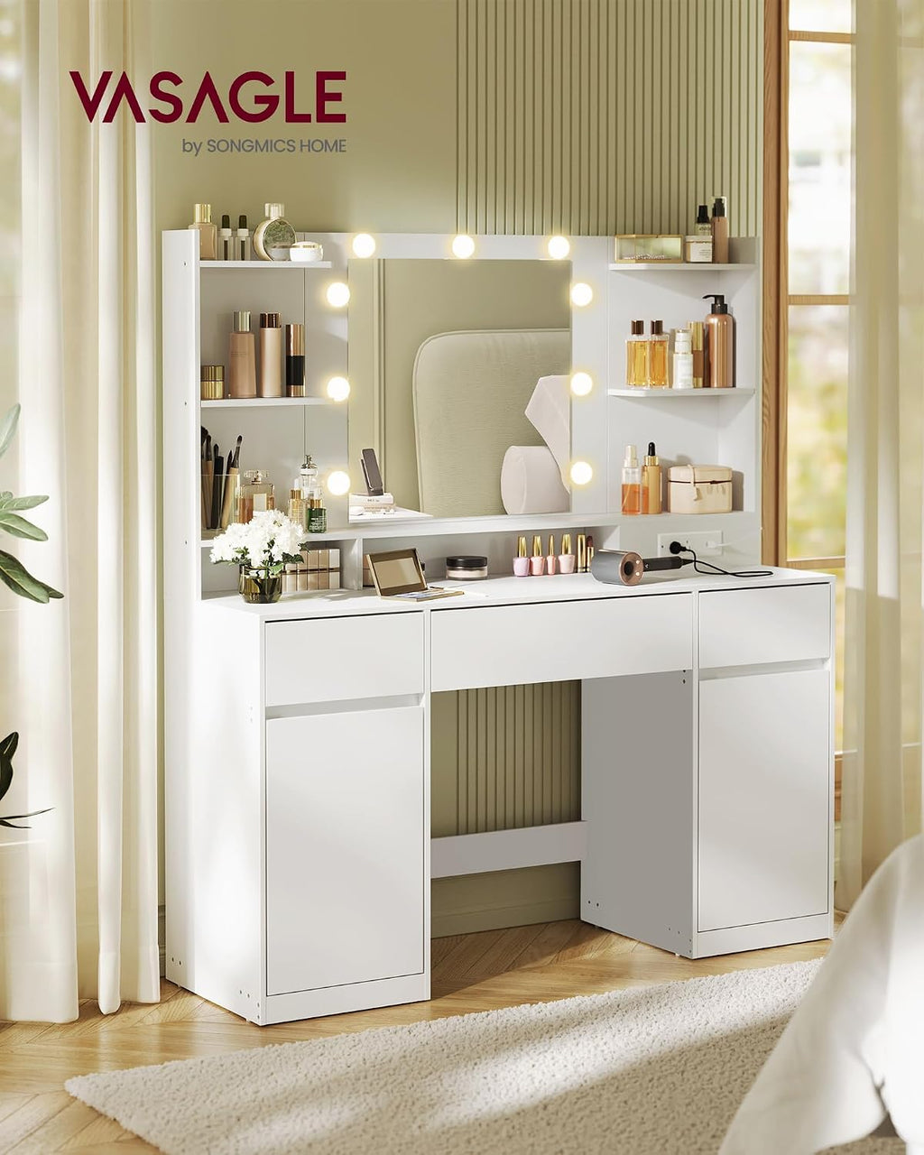 VASAGLE Kailyn Collection - Vanity Desk with Mirror and 9 LED Bulbs, Vanity Makeup Table with Power Outlets, Dressing Table with 2 Cabinets, for Bedroom, Cloud White URDT142WB01S