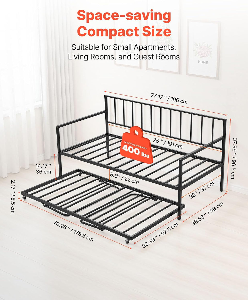 VEVOR Twin Size Daybed Frame, Height Adjustable Day Bed with Trundle, Heavy Duty Metal Platform Bed Frame with LED Light and Charging Station, Twin Daybed with Metal Slats for Living Room, Bedroom