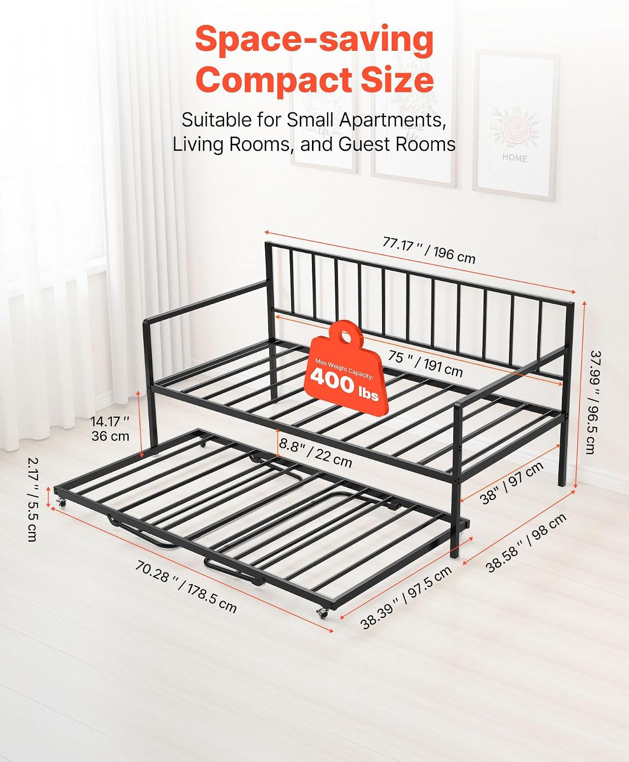 VEVOR Twin Size Daybed Frame, Height Adjustable Day Bed with Trundle, Heavy Duty Metal Platform Bed Frame with LED Light and Charging Station, Twin Daybed with Metal Slats for Living Room, Bedroom