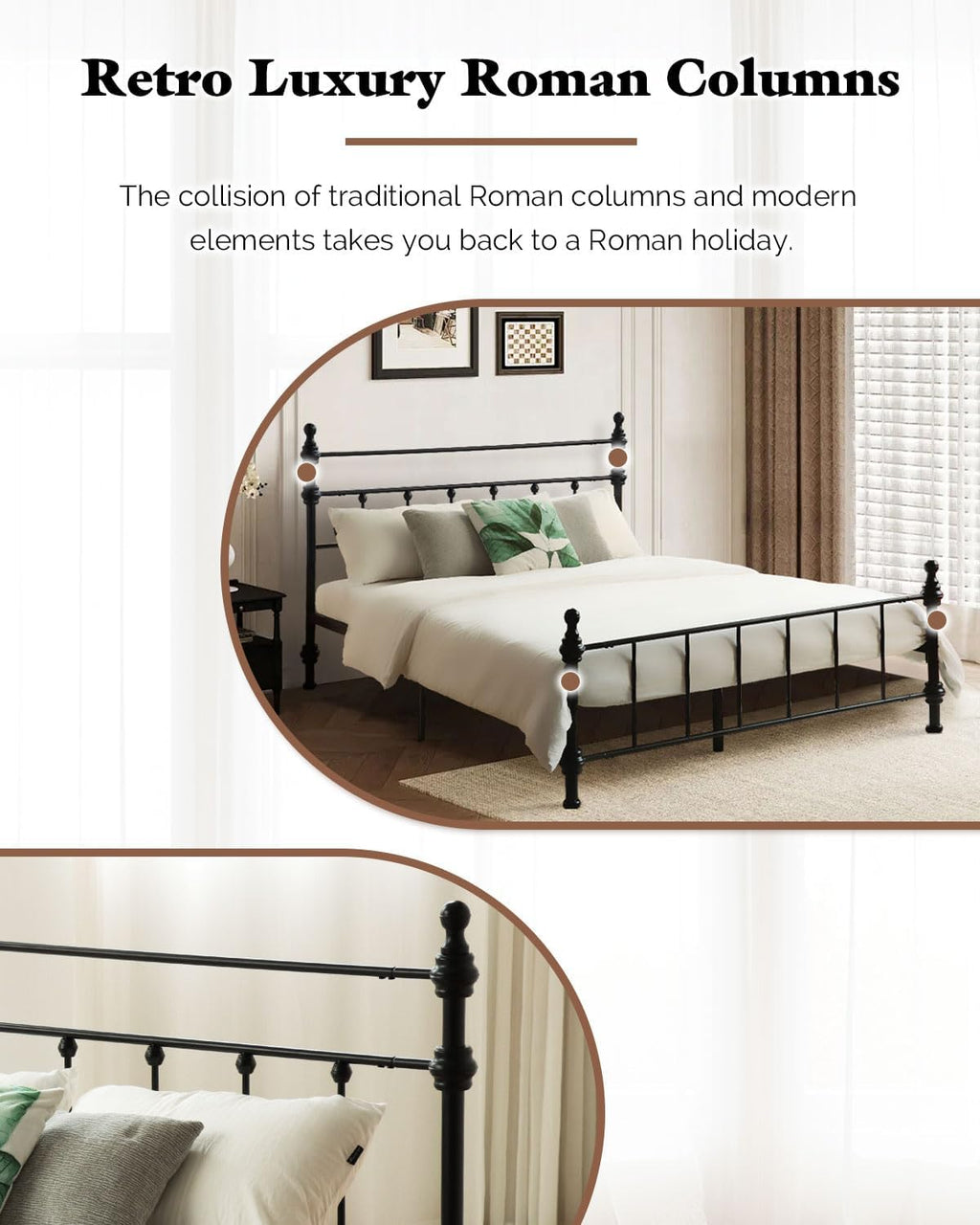 Full Size Bed Frame, Metal Platform Bed with Straight Headboard, Retro Luxury Roman Column, Easy Set up, No Box Spring Needed, Storage Space Under-Bed (Full)