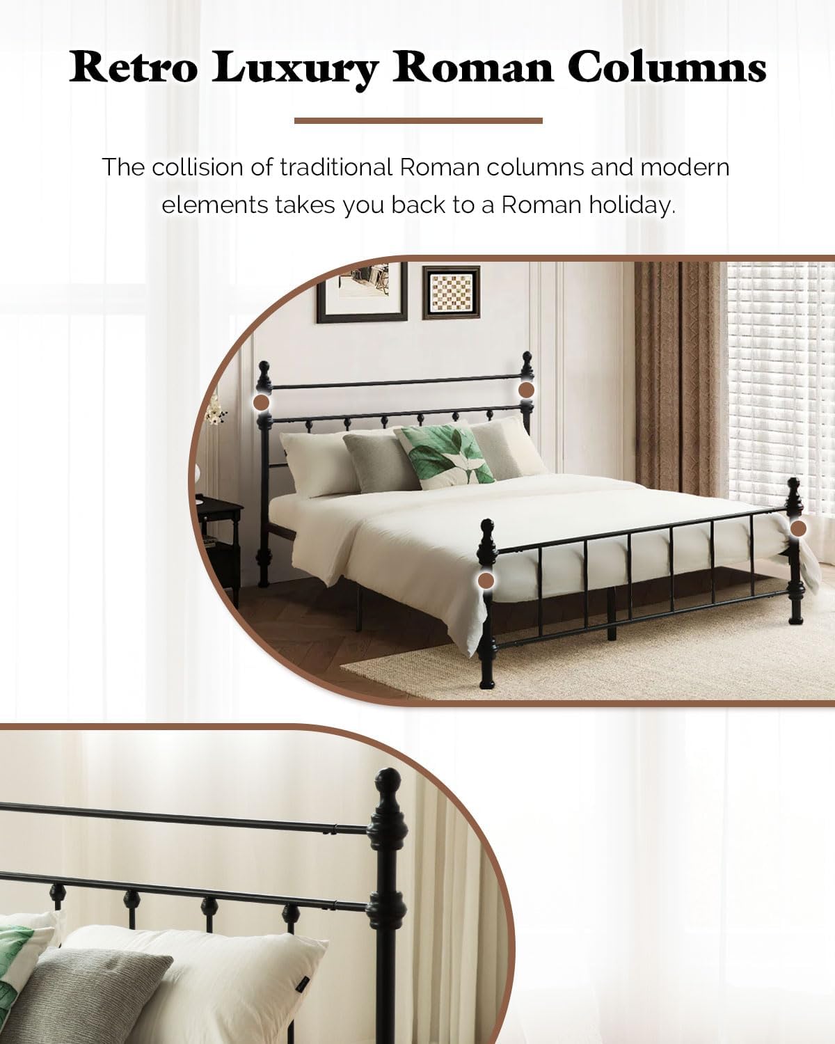 Full Size Bed Frame, Metal Platform Bed with Straight Headboard, Retro Luxury Roman Column, Easy Set up, No Box Spring Needed, Storage Space Under-Bed (Full)
