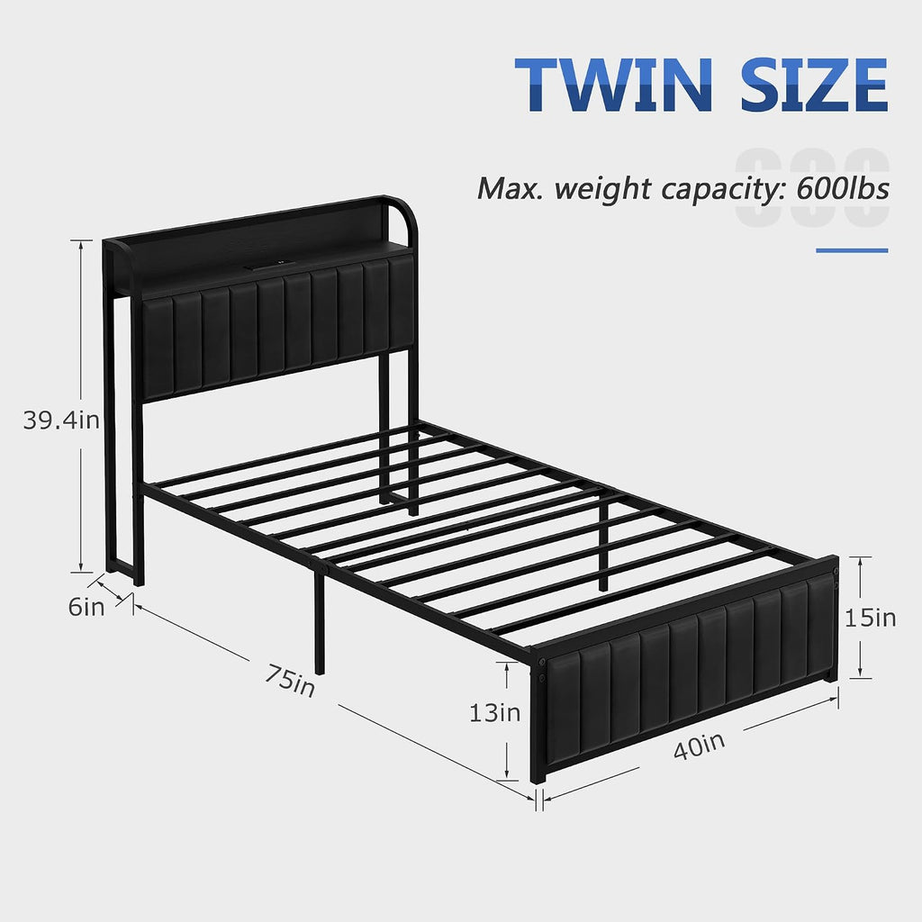 VECELO Twin Bed Frame, Storage Upholstered Headboard with Charging Station, Platform Bedframe, Heavy Duty Metal Slats, No Box Spring Needed, Noise-Free, Easy Assembly, Dark Black