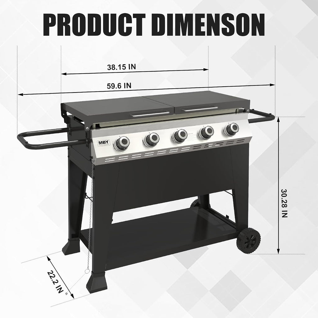 5 Burner Propane Grill with Rainproof Cover 36inch Outdoor Flat Top Griddle Foldable Side Table for Backyards Barbecue