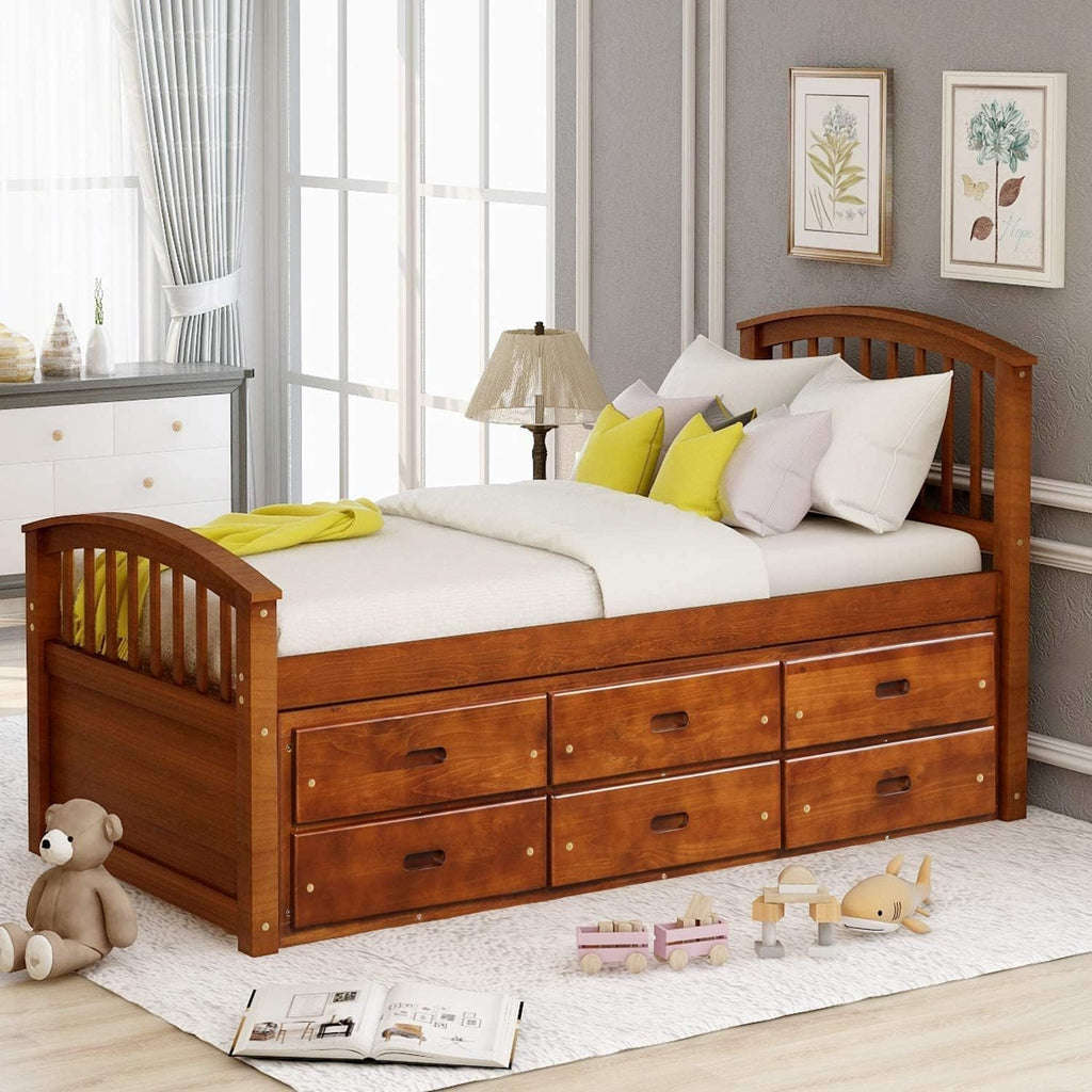 SOFTSEA Twin Captains Bed with 6 Drawers, Wood Storage Bed Frame with Headboard and Footboard for Bedroom, Twin Size Platform Bed for Kids, No Box Spring Needed (Walnut)