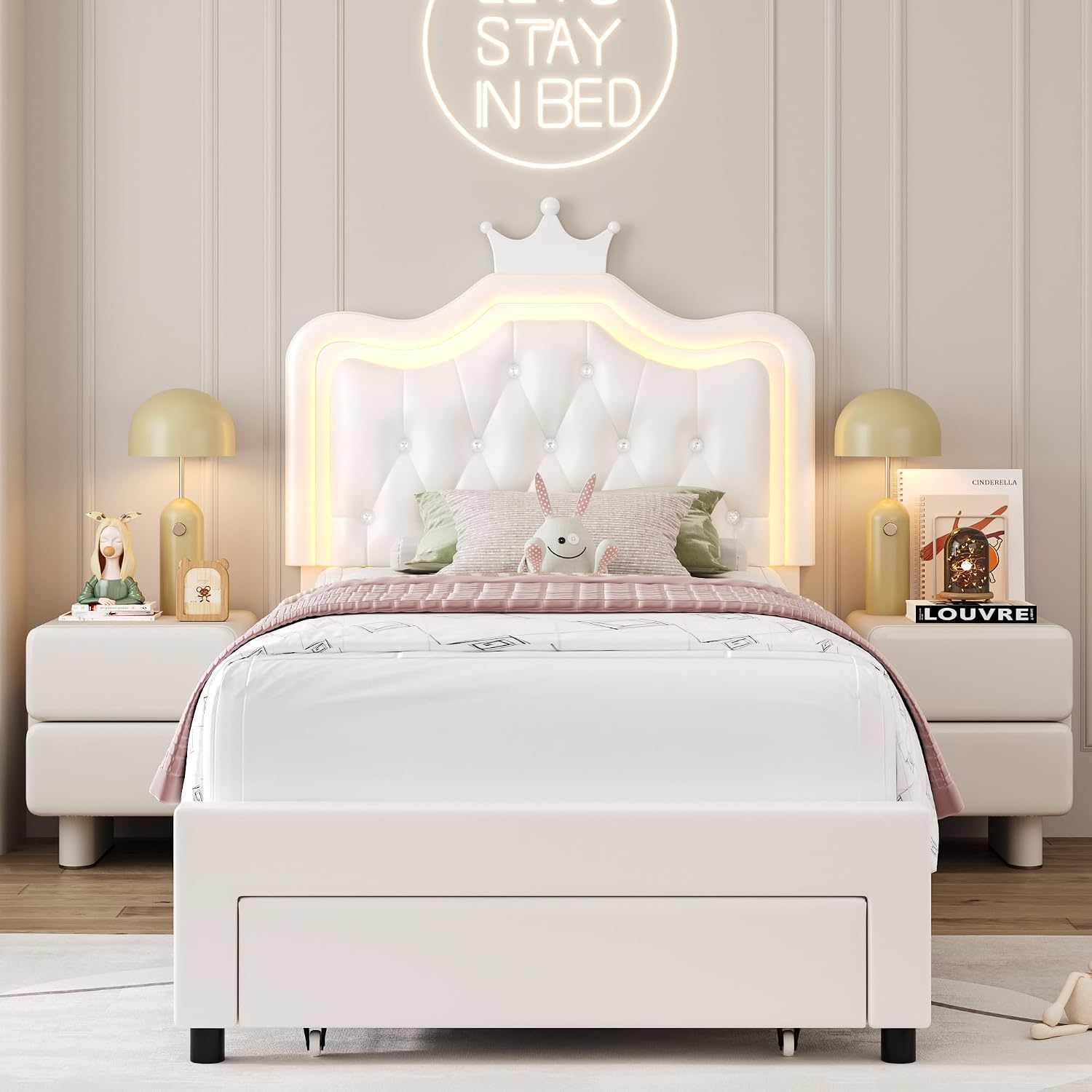Keyluv 2 Set Twin Upholstered LED Bed Frame with Storage Drawer for Kid, Leather Princess Platform Bed with Adjustable Crystal Button Tufted Crown Headboard, Solid Woode Slats Support, White