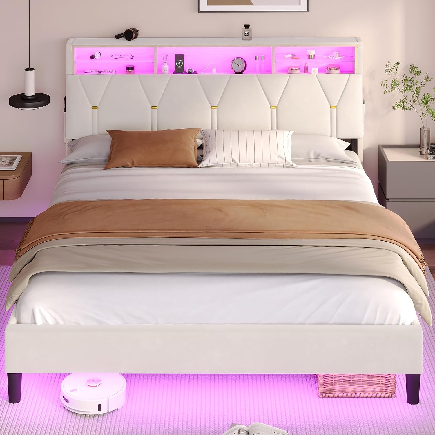 BTHFST Queen Bed Frame with Headboard Storage & LED Lights, Platform Bed Frame Queen Size with Charging Station, Velvet Upholstered Bed with Shelf Headboard, No Box Spring Needed, Creamy White