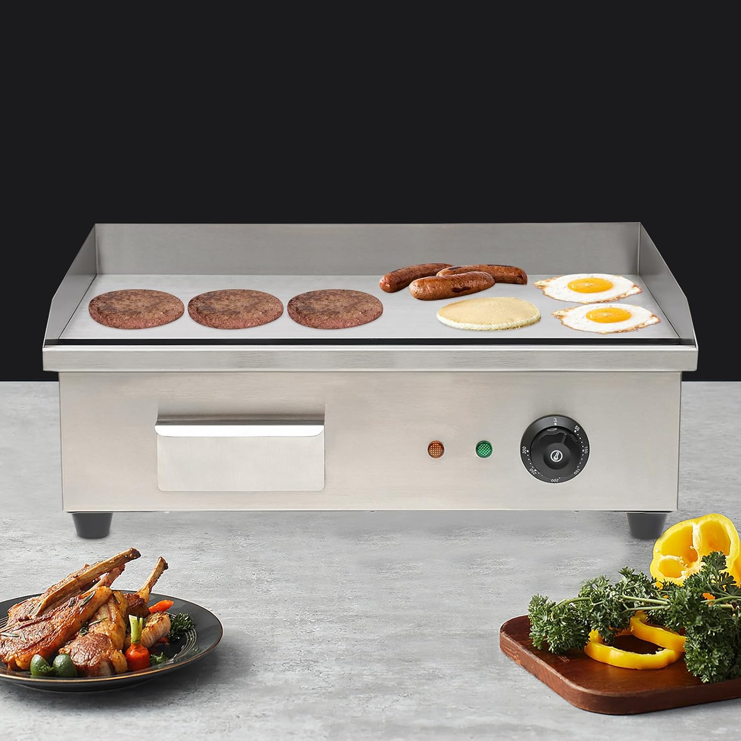 Commercial Electric Griddle, Teppanyaki Stainless Steel BBQ Flat Top Grill Hot Plate, 3000W Countertop Griddle Adjustable Thermostatic Control 122-572℉ Electric Griddle for Kitchen (1*Button)
