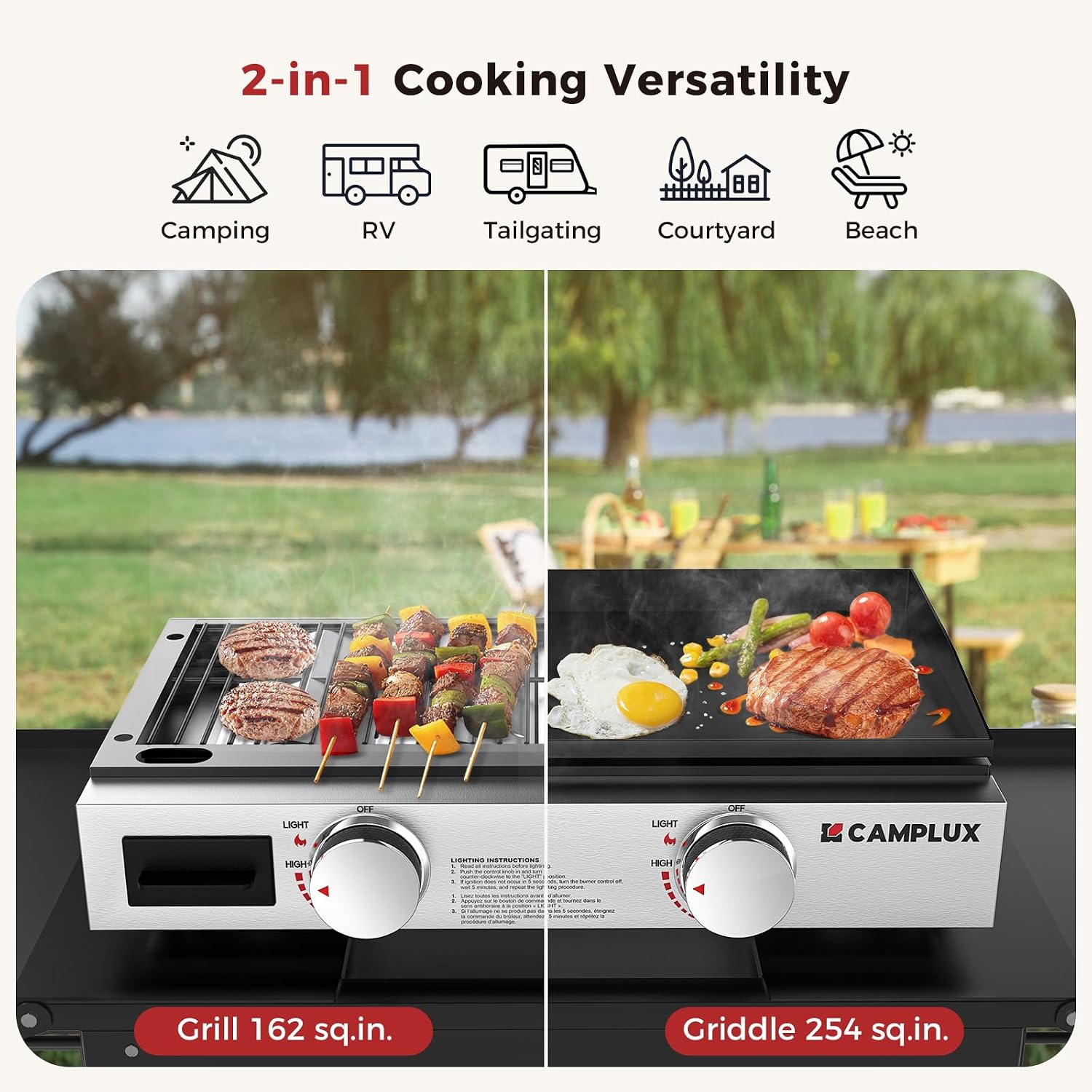 CAMPLUX 23' Propane Tabletop Griddle Grill 2-in-1 Bundle with Foldable Adjustable Griddle Stand, 19,000 BTU Non-Stick Flat Top for Camping, RV & Tailgating