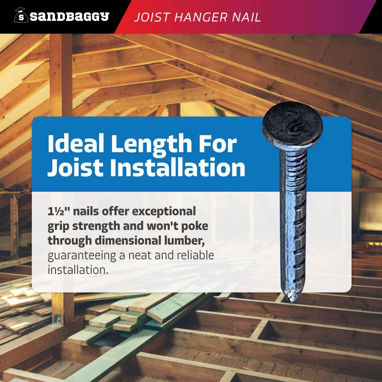 Sandbaggy 1-1/2' Joist Hanger Nails (appx. 150 nails/lb) - Barbed Shank, 9 Gauge Steel, 5/16' Diameter Round Head - 4d Nail (100, Pounds)