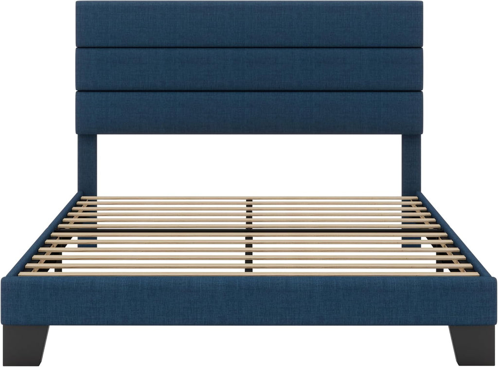 SHA CERLIN Full Platform Bed Frame with Upholstered Fabric Headboard, Mattress Foundation with Strong Wooden Slats Support, No Box Spring Needed, Blue