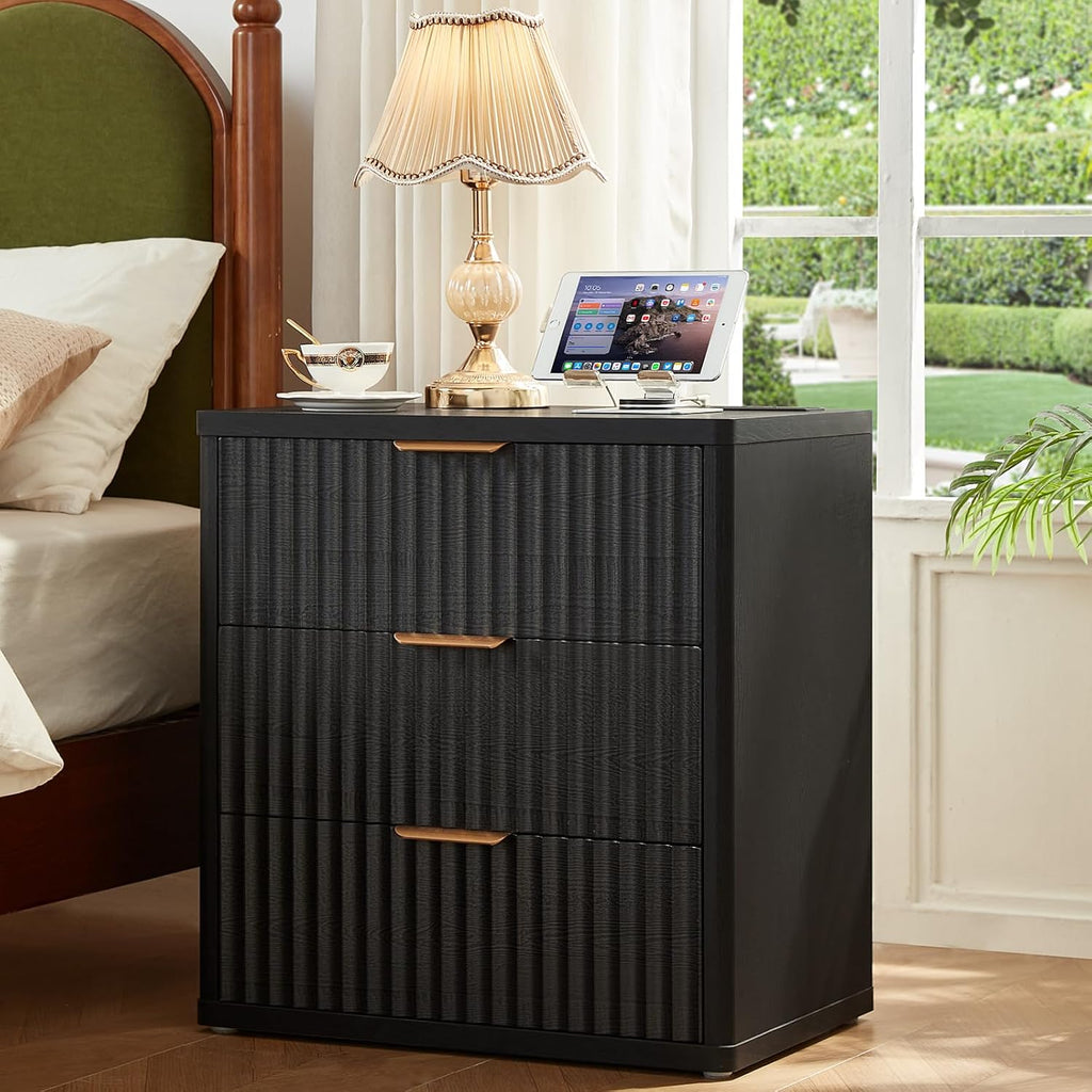 LEYAOYAO Fluted Dresser and 3 Drawers Nightstand Set of 2, Wood 48' Wide Dresser & 23' Night Stand with Charging Station, 3 Piece Bedroom Furniture Set, Chest of Drawers for Home,Living Room,Black