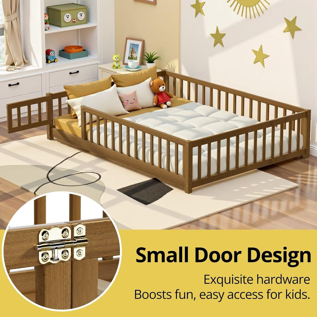 i-POOK Full Floor Bed Frame with Wood Slats, High Fence & Small Door, Pinewood Montessori Floor Bed for Girls and Boys,Light Espresso