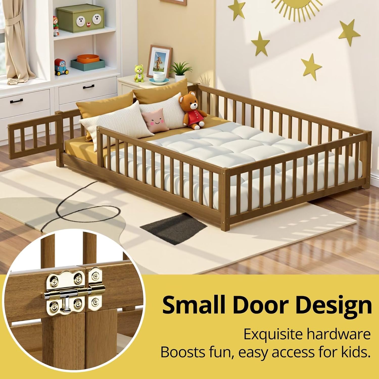 i-POOK Full Floor Bed Frame with Wood Slats, High Fence & Small Door, Pinewood Montessori Floor Bed for Girls and Boys,Light Espresso