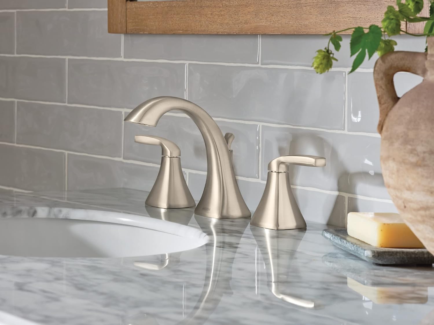 Moen Voss Brushed Nickel Contemporary Two-Handle Widespread Bathroom Sink Faucet Trim Kit for Adjustable 3-Hole Installations, Valve Required, T6905BN