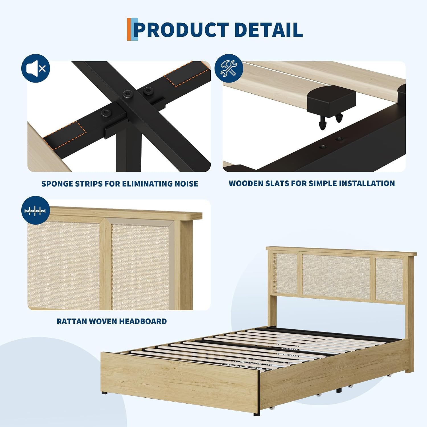 IDEALHOUSE Queen Bed Frame with Natural Rattan Headboard, Slats, Bohemian-Style Cane Mattress Support, Strong Metal Base with Resilient Wooden, No Box Spring Needed