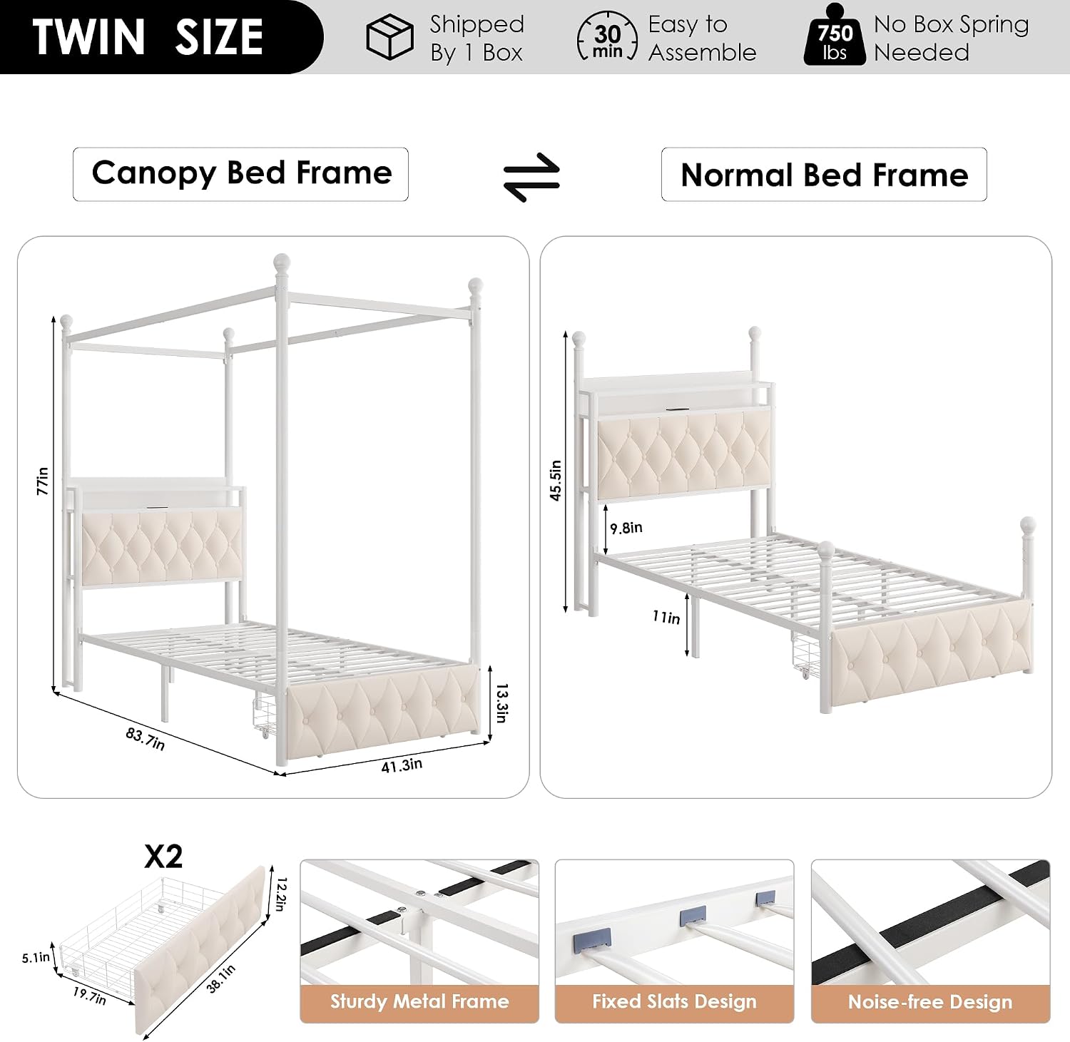 HIFIT Kids Twin Upholstered LED Canopy Bed Frame with Storage and Charging Station, Button Tufted Storage Headboard with Bookshelf, Two-Use Girls Metal Platform Bed, 4 Removable Post & 2 Drawer, Beige