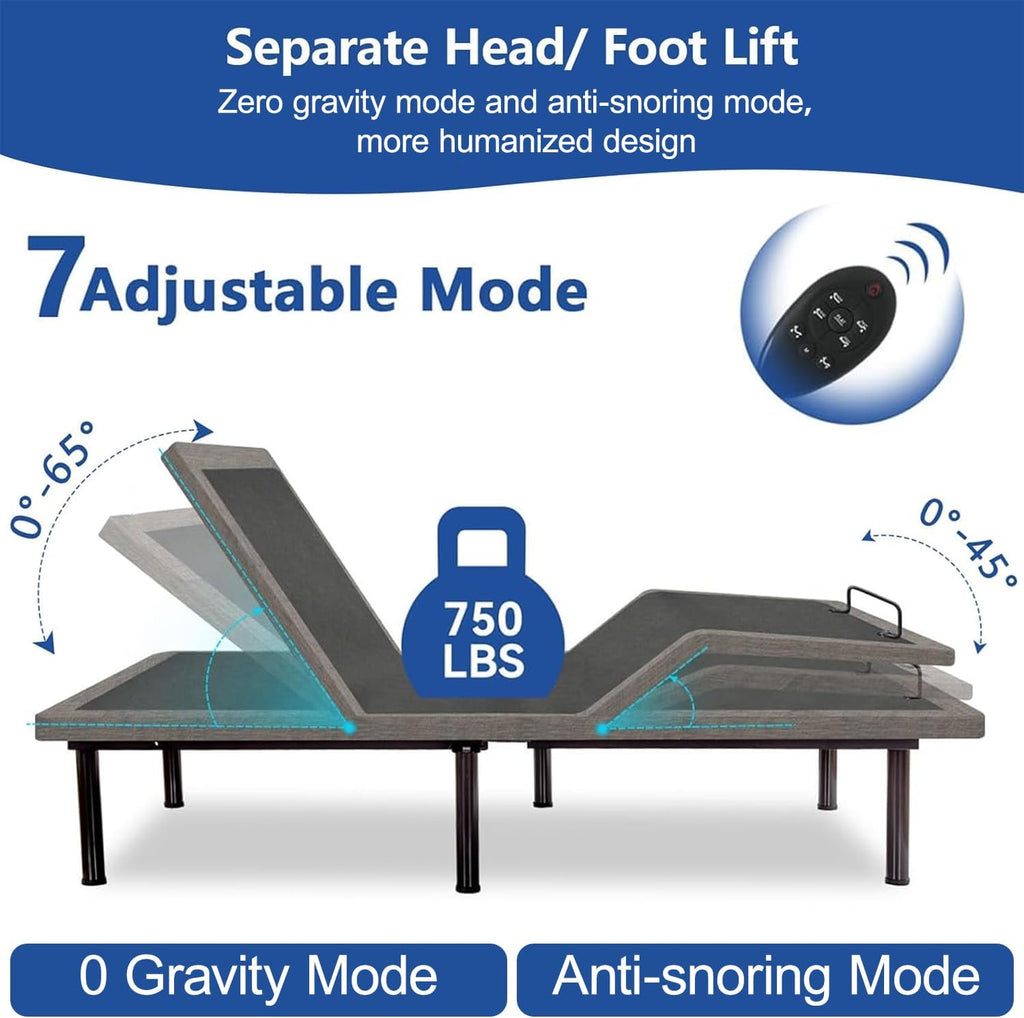 Vipbear Twin XL Adjustable Bed Frame with Massage, Updated Adjustable Beds with Thickened Frame, Voice Control, Head/Foot Incline, Adjustable Legs, Anti-Snore/0 Gravity, USB Ports, LED Night Light