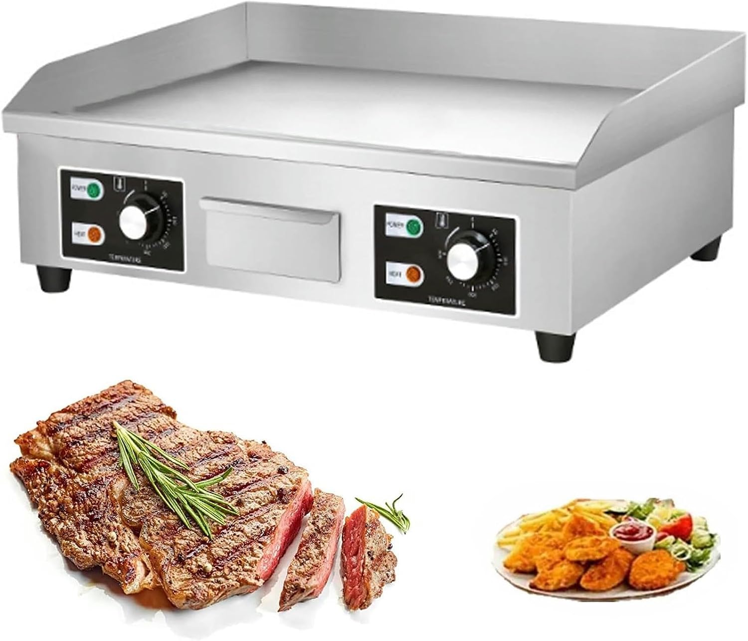 Commercial Electric Griddle, Kitchen BBQ Grill, Stainless Steel Electric Griddle, Nonstick Countertop Hot Plate Commercial BBQ Grill, Two Burners with Thermostatic Control, 110~240V