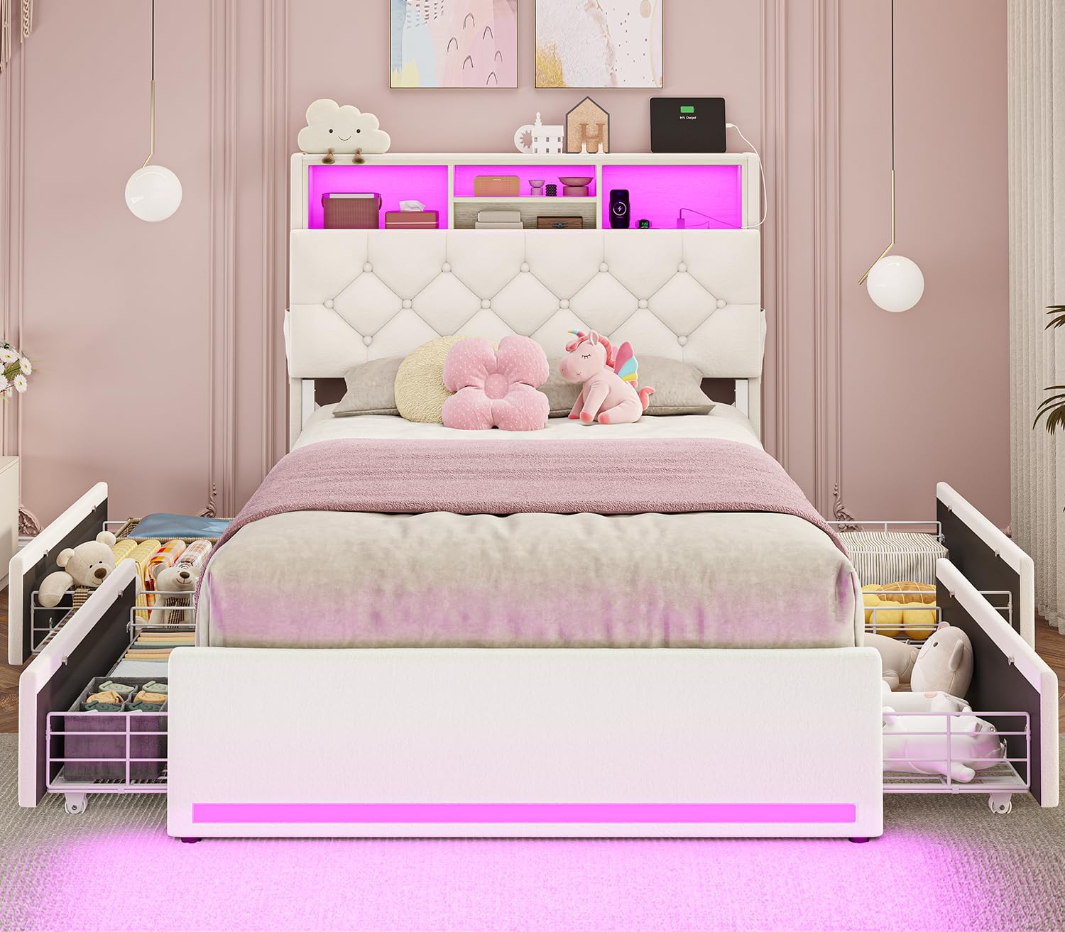BTHFST Twin Bed Frames with Storage Headboard & 4 Drawers, LED Bed Frame Twin with Charging Station, Velvet Upholstered Bed with Metal Slats, No Box Spring Needed, Creamy White