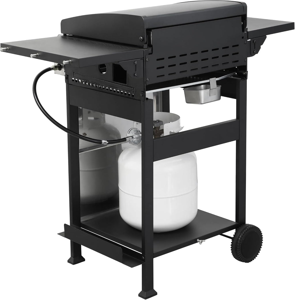 3-Burner Propane Gas BBQ Grill with SS Plancha, 36,900BTU Output with Hanging Basket, Barbecue Grill with Fixed Side Shelf, Foldable Side Tables, Wire Enamel Cooking Grids for Outdoor Backyard Party