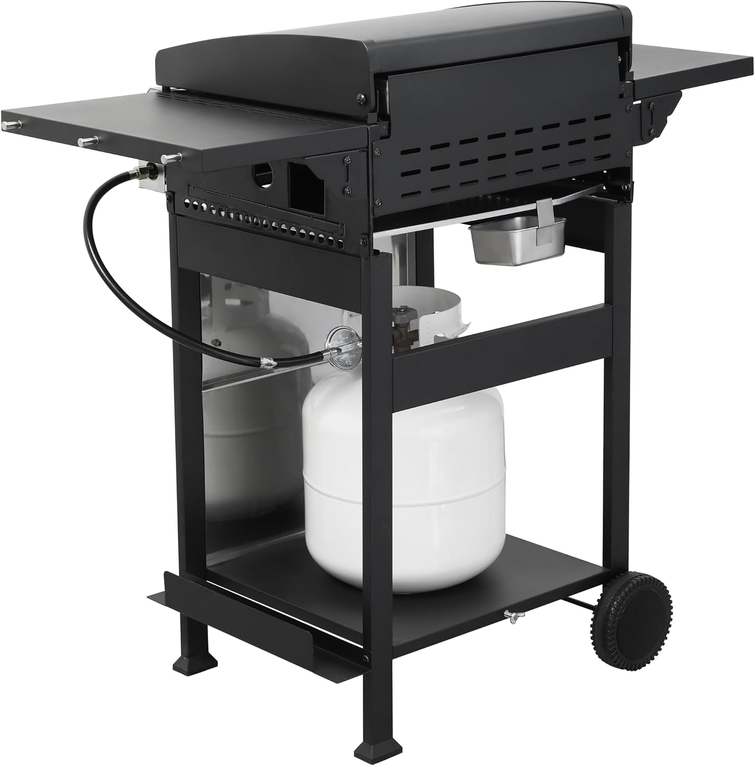 3-Burner Propane Gas BBQ Grill with SS Plancha, 36,900BTU Output with Hanging Basket, Barbecue Grill with Fixed Side Shelf, Foldable Side Tables, Wire Enamel Cooking Grids for Outdoor Backyard Party