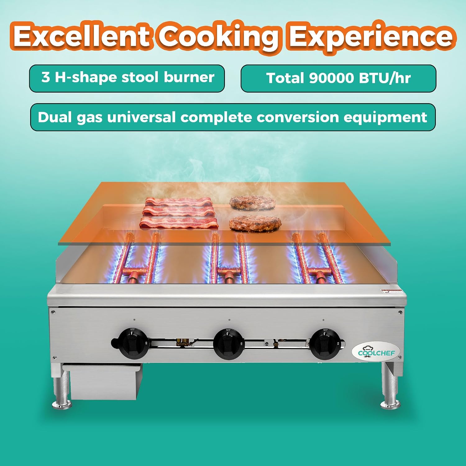 Commercial Gas Griddle - 36' Electric Countertop 90,000 BTU Flat Top Griddle, Natural Gas (NG) / Propane, CSA Certified Stainless Steel Teppanyaki Grill for Restaurants (36' W)