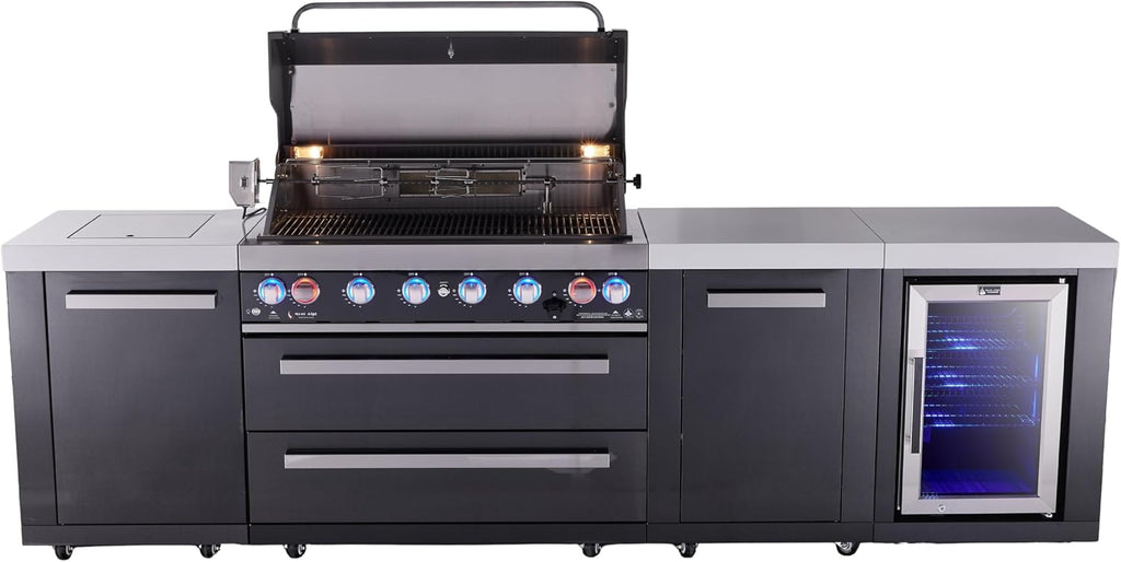 Mont Alpi Premium 119'W x 23'D Black Stainless Steel Outdoor Kitchen Island with Refrigerator + 44'W 6-Burner BBQ Grill + Granite Countertops + Storage Cabinets + Chopping Board + Rotisserie + Cover