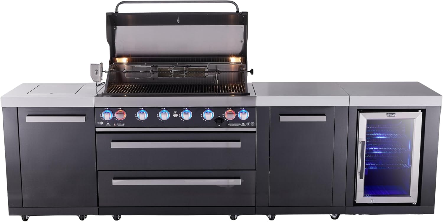 Mont Alpi Premium 119'W x 23'D Black Stainless Steel Outdoor Kitchen Island with Refrigerator + 44'W 6-Burner BBQ Grill + Granite Countertops + Storage Cabinets + Chopping Board + Rotisserie + Cover