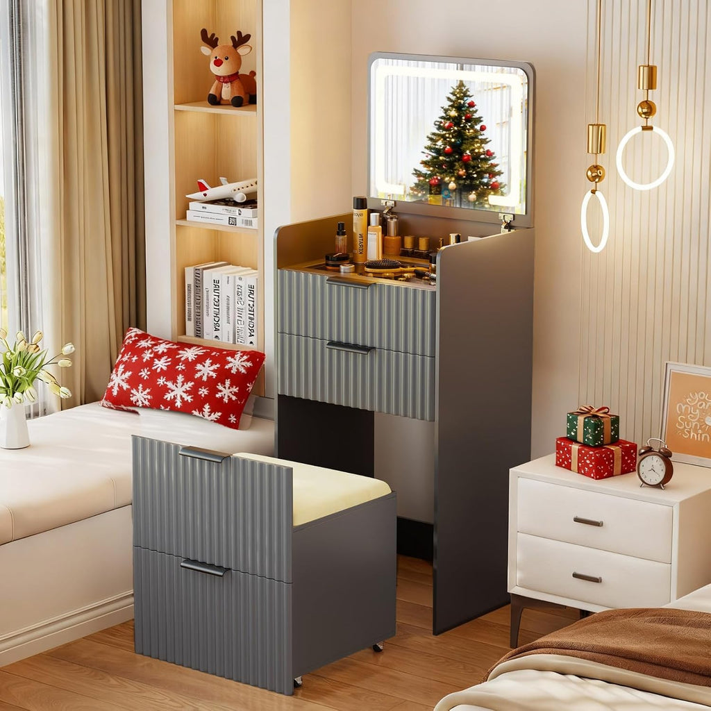 Lvifur 3 in 1 Small Vanity Desk with Plip Top Mirror,Makeup Vanity Set with Visible Glass Desktop,Compact Vanity with 3 Drawers,Storage Compartment and Padded Stool,Dressing Table for Bedroom,Grey