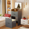 Lvifur 3 in 1 Small Vanity Desk with Plip Top Mirror,Makeup Vanity Set with Visible Glass Desktop,Compact Vanity with 3 Drawers,Storage Compartment and Padded Stool,Dressing Table for Bedroom,Grey