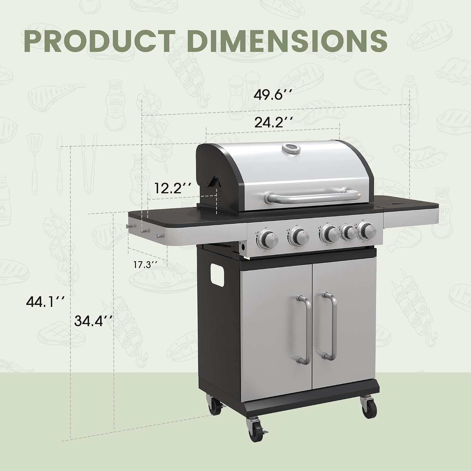 4 Burners Propane Gas Grill with Side Burner, Stainless Steel BBQ Grill with Porcelain-Enameled Cast Iron Grates, 46,500 BTU Outdoor Patio Barbeque Grill for Party, Camping, Backyard