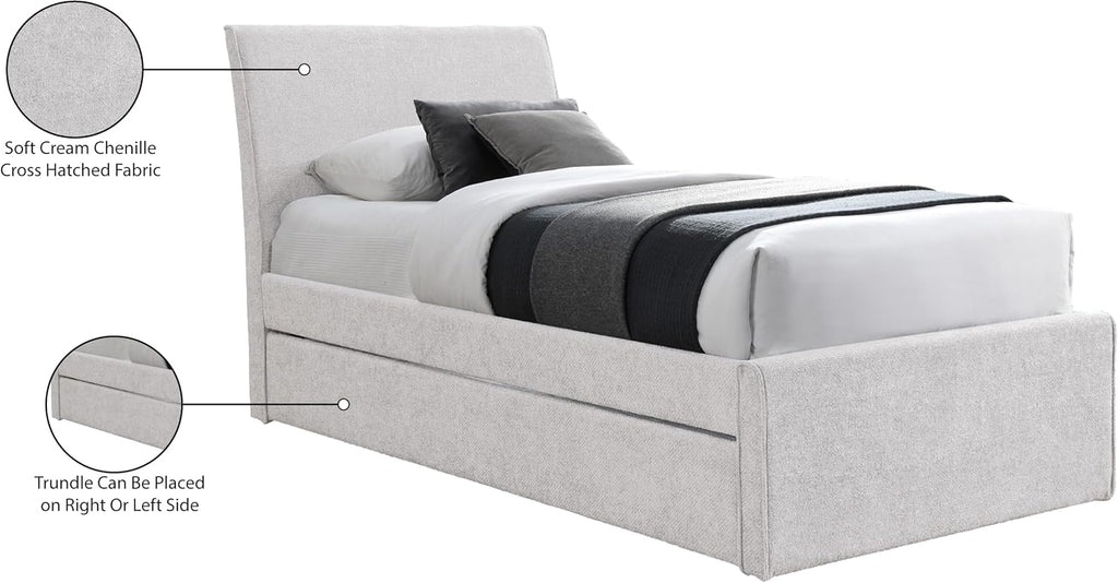Meridian Furniture B1262Cream-T Myles Collection Modern | Contemporary Twin Trundle Bed with Soft Cream Chenille Cross Hatched Fabric, 41.5' W x 85' D x 44.5' H, Cream, Twin