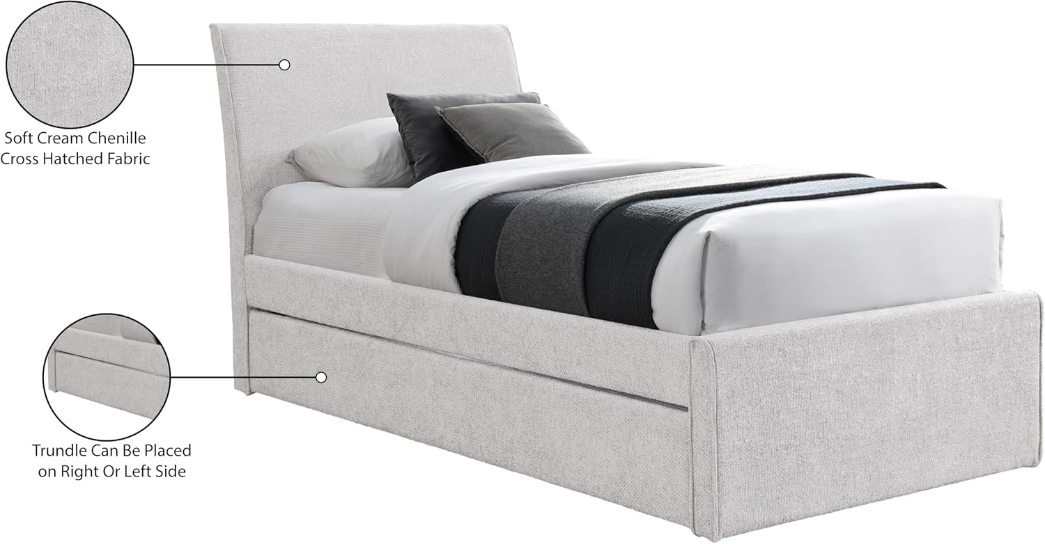 Meridian Furniture B1262Cream-T Myles Collection Modern | Contemporary Twin Trundle Bed with Soft Cream Chenille Cross Hatched Fabric, 41.5' W x 85' D x 44.5' H, Cream, Twin