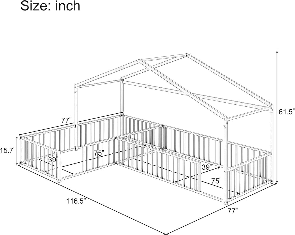 Double Twin Size L-Shaped Montessori Floor Bed Without Slats, Metal Corner House Bed Frame with Fence, Black
