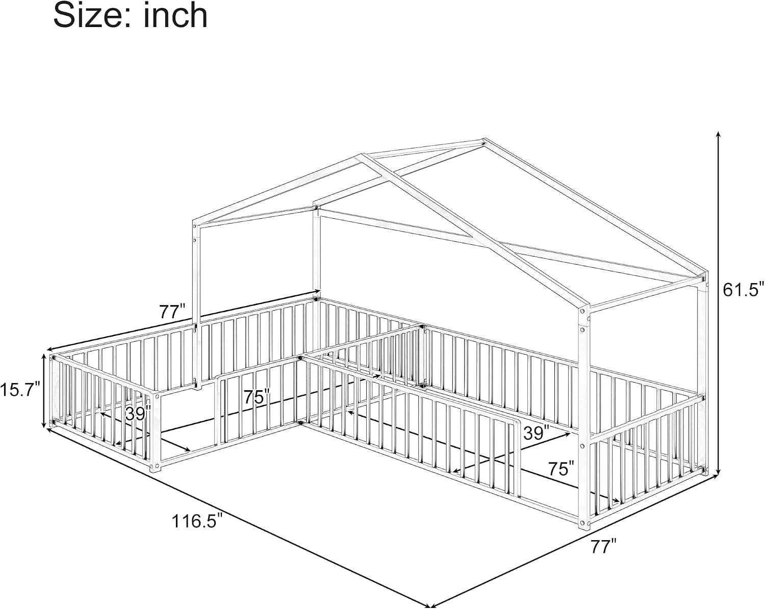 Double Twin Size L-Shaped Montessori Floor Bed Without Slats, Metal Corner House Bed Frame with Fence, Black