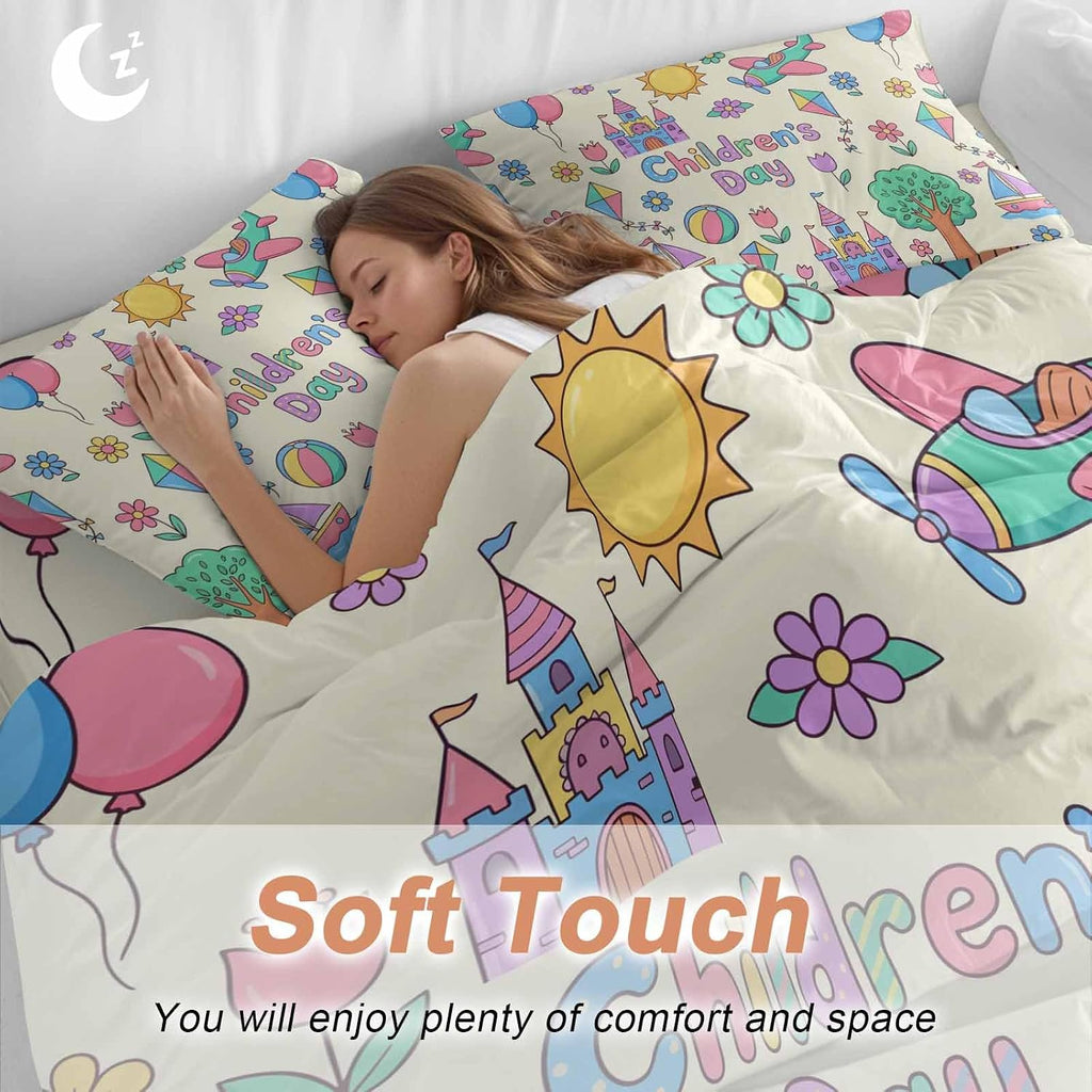 Children's Day Duvet Cover Set Queen Size 4 Pieces Cartoon Sun Airplanes Castles Kites Boat Balloon Beige Bedding Set with Zipper Closure, 1 Comforter Cover 90x92 Inches 1 Flat Sheet & 2 Pillow Cases