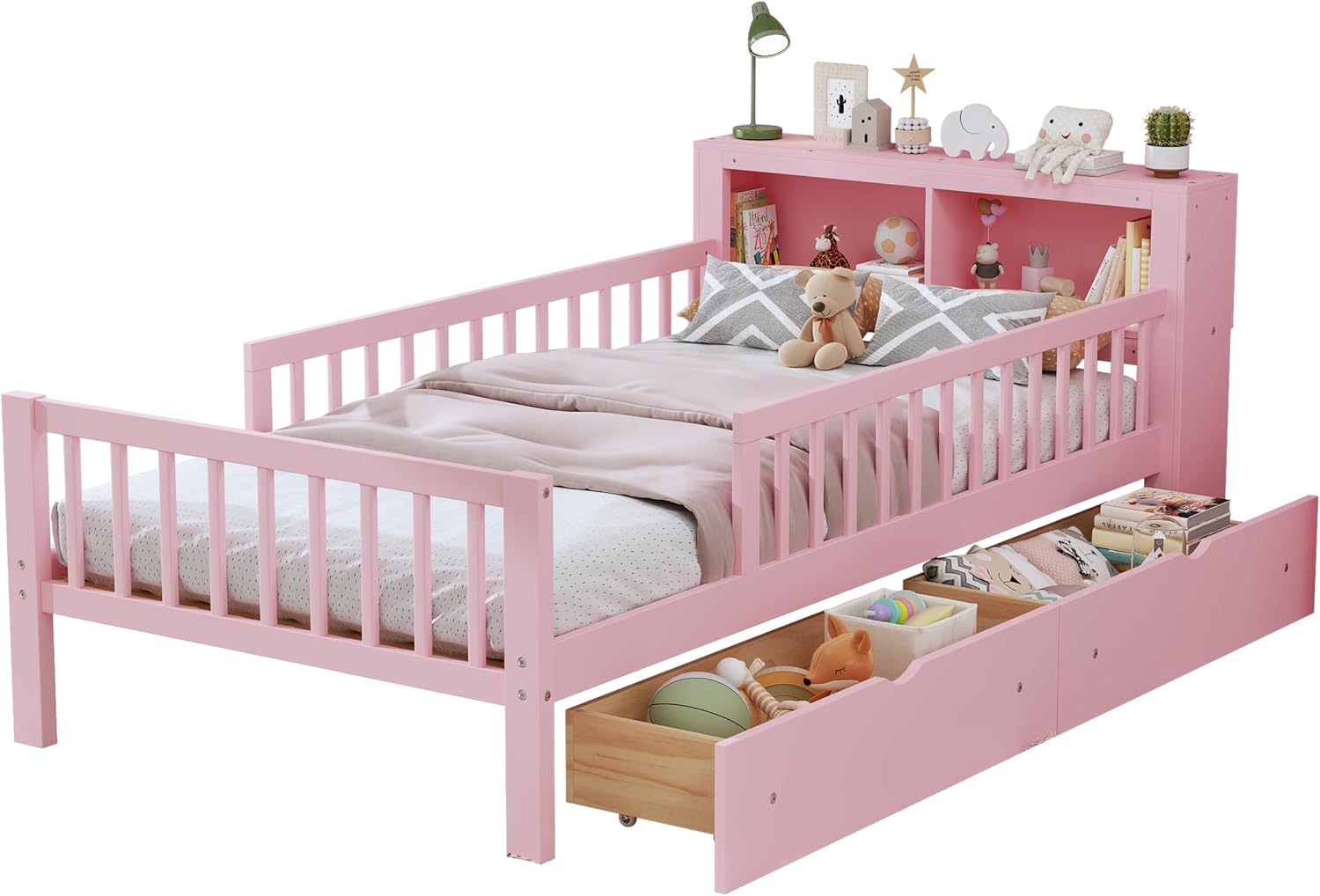 VilroCaz Wood Twin Size Platform Bed with Safety Fence for Kids Boys Girls, Platform Bed Frame with Practical Headboard and 2 Under-Bed Drawers, Sturdy Slats Support (Pink-3.15)