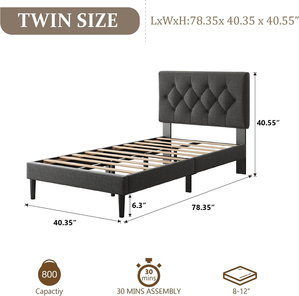 CXVX Twin Size Platform Bed Frame with Upholstered Headboard, Button Tufted Design, Strong Wooden Slats, No Box Spring Needed, Easy Assembly, Noise Free