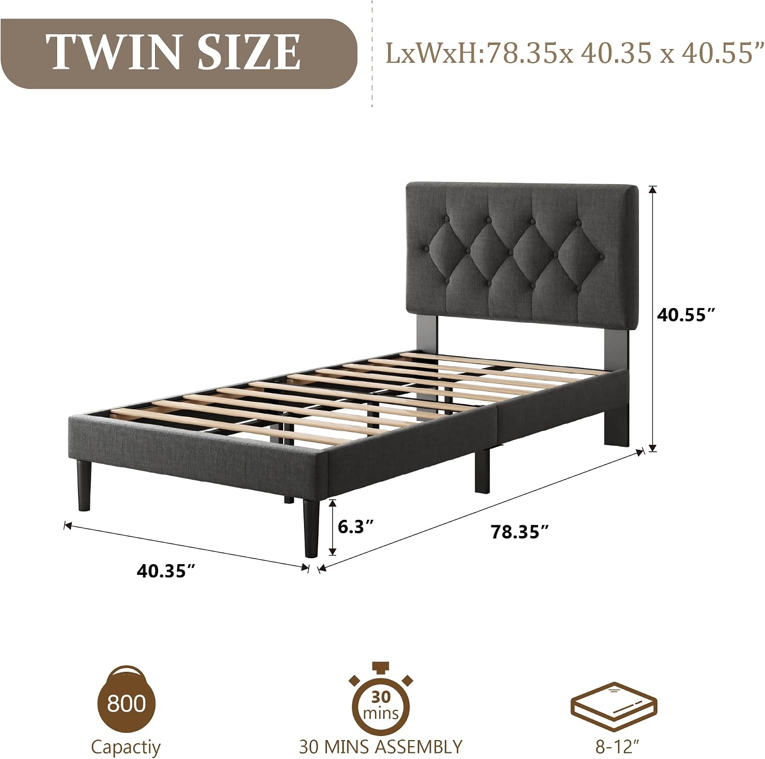 CXVX Twin Size Platform Bed Frame with Upholstered Headboard, Button Tufted Design, Strong Wooden Slats, No Box Spring Needed, Easy Assembly, Noise Free